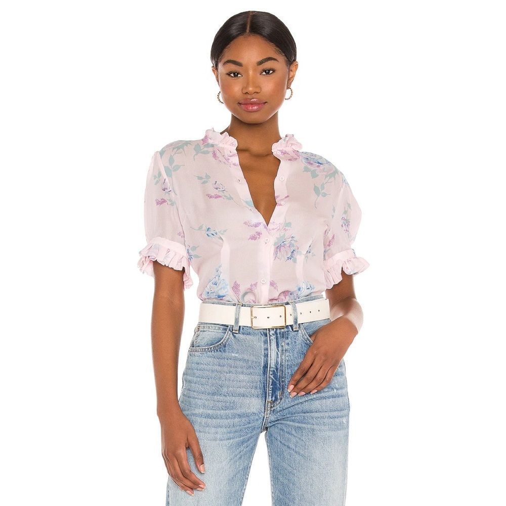 Selkie Pink Floral Ruffle-Trim Sheer Blouse